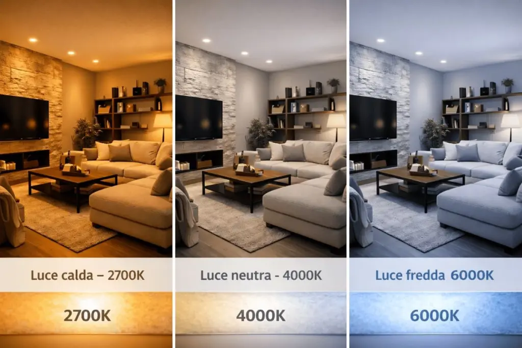 soggiorno illuminato con luce calda neutra e fredda